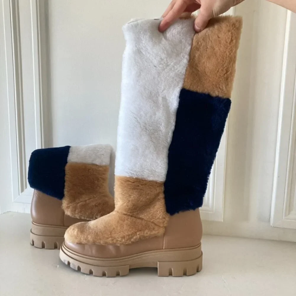 Free People Happy Thoughts Neutral Colorblock Shearling Boots Sz 38.5